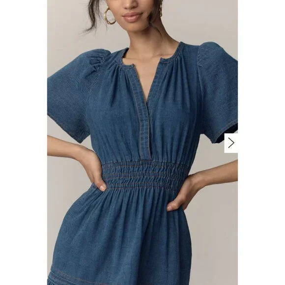 BY ANTHROPOLOGIE The Somerset Mini Dress Denim Edition Tiered Boho Comfort XS - Picture 2 of 15